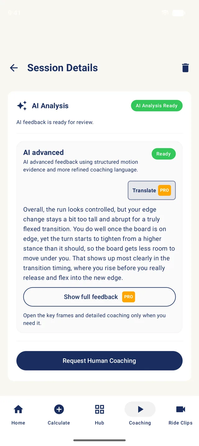 StancePro session details with AI motion analysis and a request for feedback from a certified coach