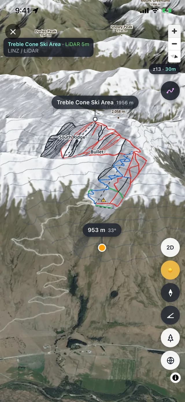 StancePro 3D map of Treble Cone: LiDAR terrain, satellite imagery, runs and lifts