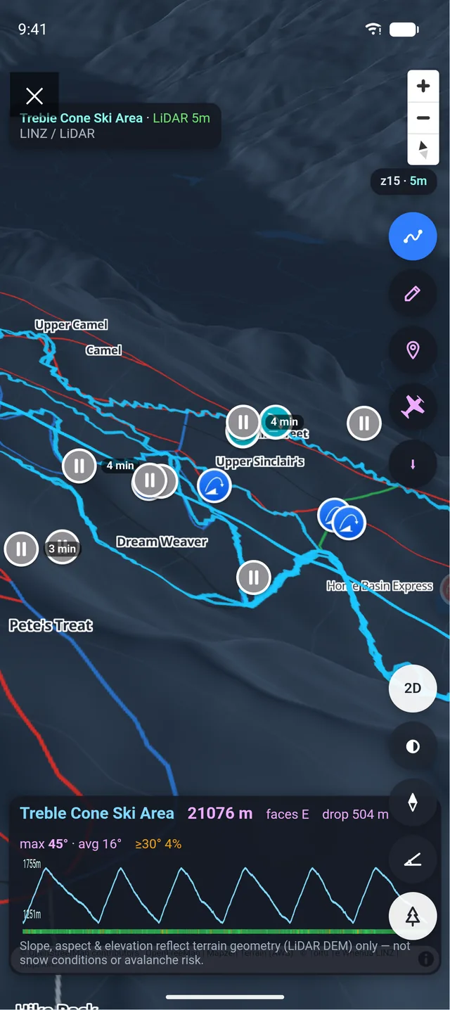 StancePro 3D resort map with a session track drawn on LiDAR terrain