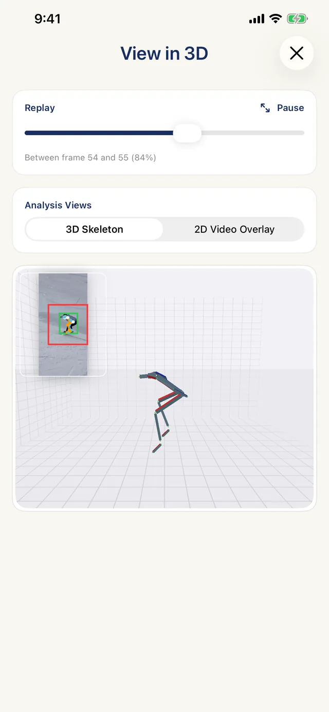 StancePro Digital Rider: a 3D skeleton rebuilt from a phone clip, mid-air, with the source frame in the corner