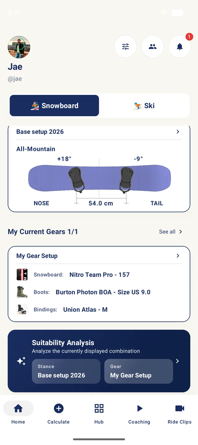 StancePro stance setup with binding angles and width drawn on a snowboard, plus saved gear