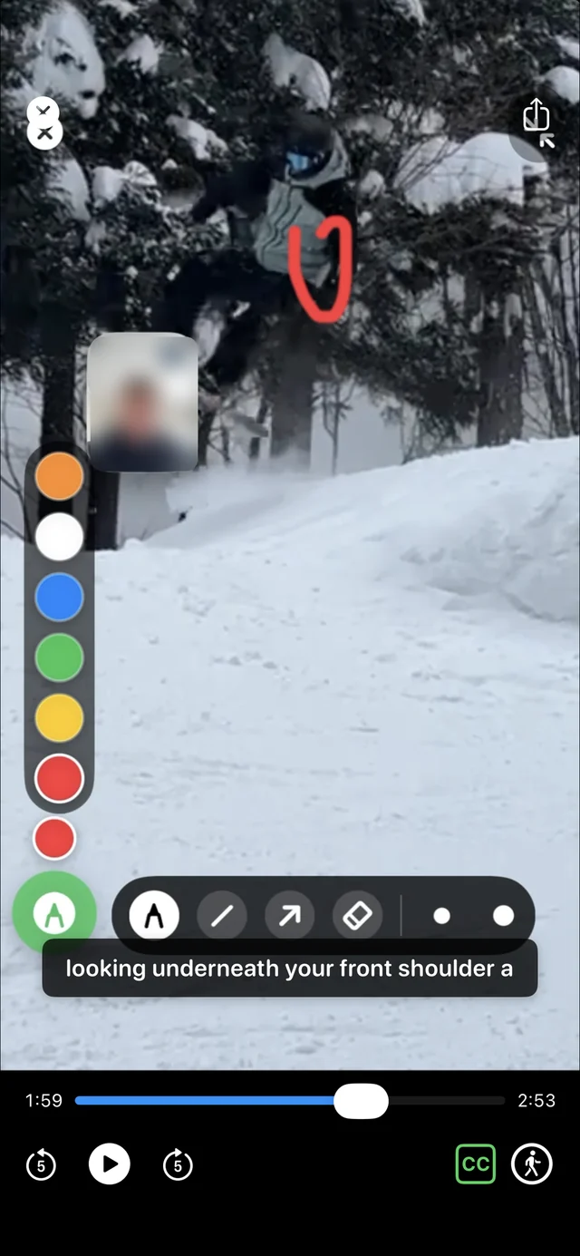 StancePro coach feedback tools: drawing and voice annotation on a rider's clip