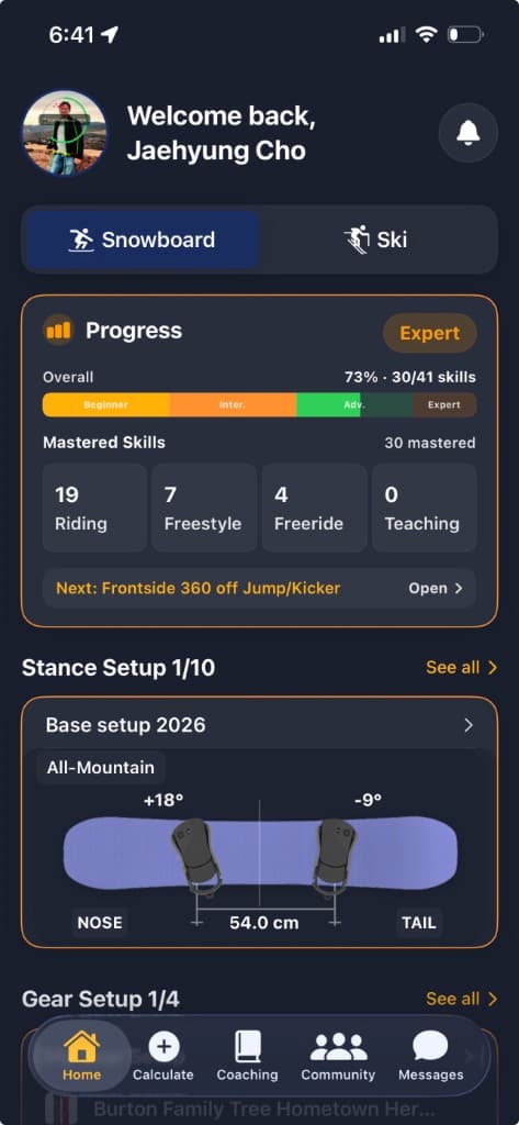 StancePro home screen with progression tracking and saved stance setup