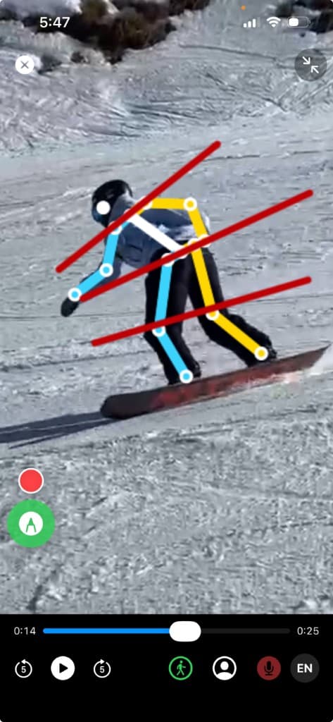 StancePro pose analysis overlay on a snowboard riding clip